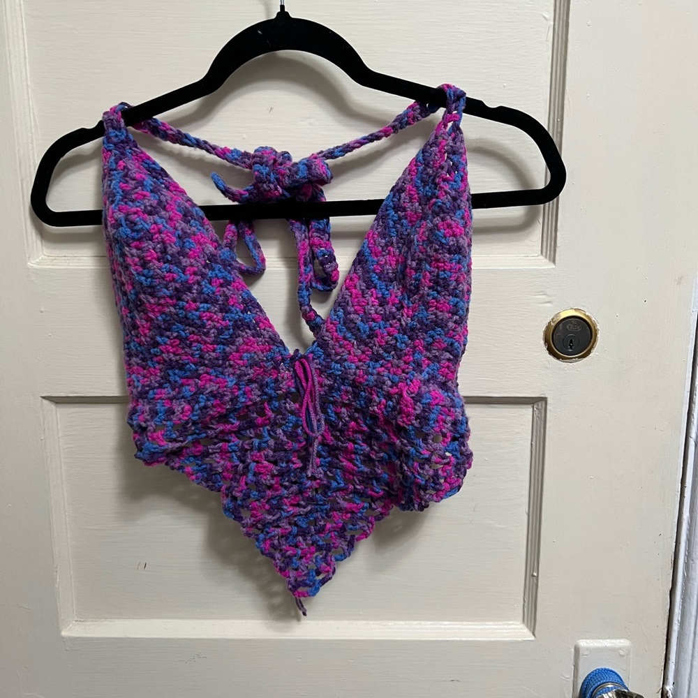 Bikini triangle tie up haulter top. Homemade Crochet top.